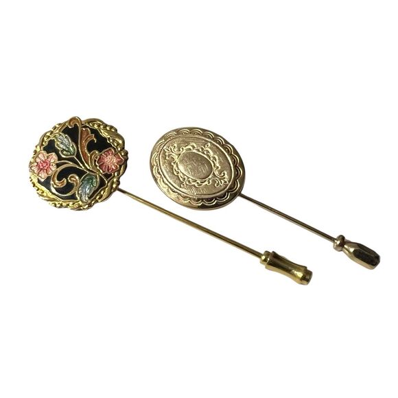 Vintage Stick Pin Set Cloisonné Floral Gold Tone + 1/20 12K GF Engraved Locket - Picture 1 of 8